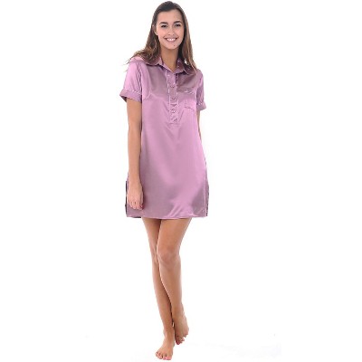 Alexander Del Rossa Women's Satin Nightgown, Boyfriend Style Short Sleeve Sleep Shirt