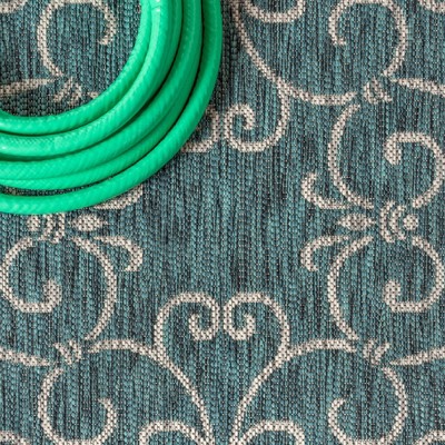 Teal and Gray Filigree Square Indoor/Outdoor Area Rug