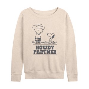 Women's - Peanuts - Charlie Snoopy Howdy Partner -Women's French Terry Long Sleeve Shirt Lightweight French Terry Wide Neck Long Sleeve Shirt - 1 of 4