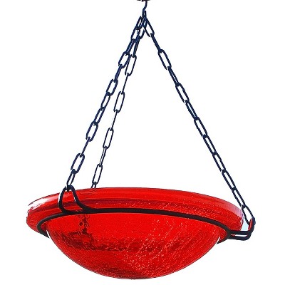 Red Crackle Glass Hanging Birdbath with Iron Chain