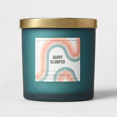 15oz Lidded Glass Jar 2-Wick Candle Abstract Rainbow Graphic Label Happy Glamper Dark Teal Green - Opalhouse™