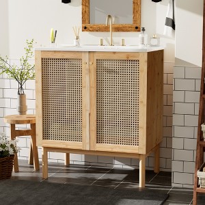 KWPZQEB 30" Farmhouse Bathroom Vanity with Ceramic Sink, Wooden Vanity Cabinet with Handwoven Rattan Doors & Soft Closing Door, Easy Assembly - 1 of 4