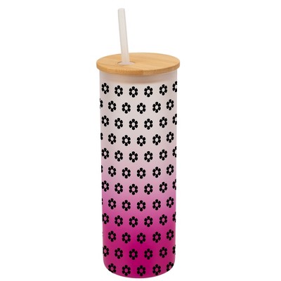 Elanze Designs Retro Happy Daisy Flower Pattern Wrap-Around Design 25 Ounce Frosted Gradient Glass On-The-Go Coffee Travel Skinny Tumbler Mug Cup,