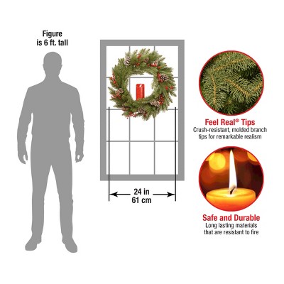 Bristle Berry Pine 24" Artificial Christmas Wreath with Flickering Candle