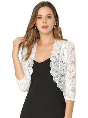 Allegra K Women s Elegant 3 4 Sleeve Sheer Floral Lace Shrug White