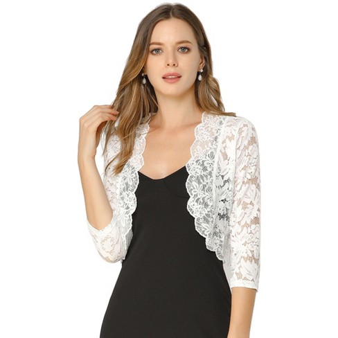 Allegra K Women's Elegant 3/4 Sleeve Sheer Floral Lace Shrug White