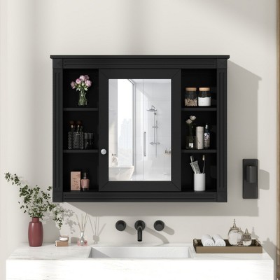 PDTEND 35" x 28" Wall-Mounted Bathroom Storage Cabinet with Mirror and 6 Open Shelves