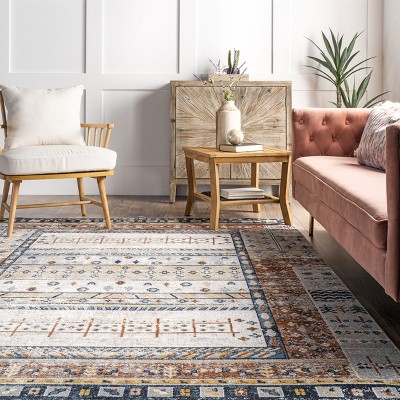 Shannon Beige and Multicolor Geometric Washable Area Rug 5' x 7'