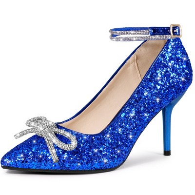 BLISSFUL STEP Women's Rhinestone Bow Glitter Pointed Toe Stiletto Heel Pumps