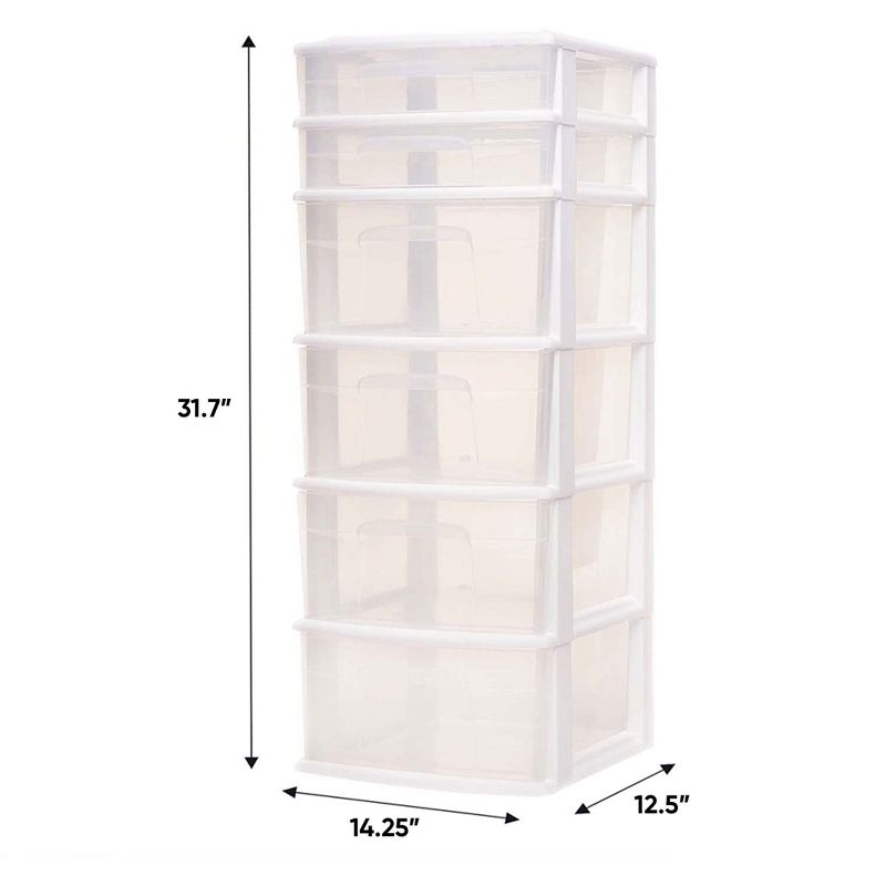 Homz Plastic 6 Clear Drawer Medium Home Organization Storage Container Tower with 4 Large Drawers and 2 Small Drawers, White Frame (2 Pack), 4 of 7