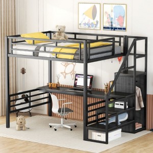 Full Size Metal Loft Bed with Desk, Storage Staircase and Small Wardrobe, Storage stairs can be installed left and right - 1 of 3