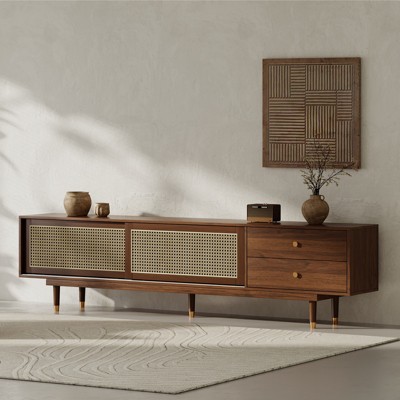 LOVSON Medieval modern style TV cabinet with wicker sliding doors and 2 drawers, suitable for TVs up to 85 inches, living room media cabinet, walnut