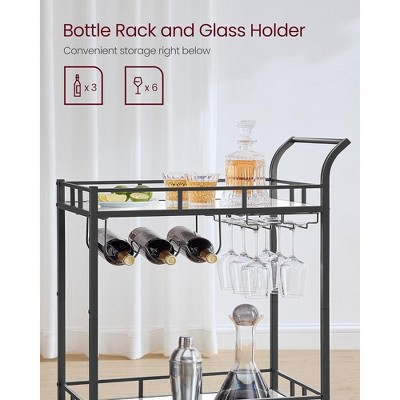 Black Steel Bar Cart with Mirrored Shelves and Wine Holders