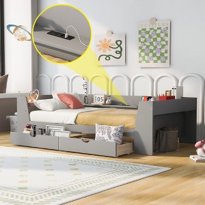TIRAMISUBEST Twin Size Daybed with Storage Shelves, 2 Drawers and Built-In Charging Station, Wooden Daybed Frame Sofa Bed with Slats Support - 1 of 4