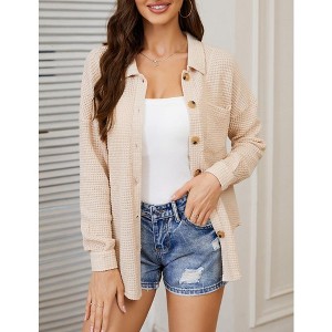 Womens Waffle Knit Shirt Button Down Oversized Blouse Casual Long Sleeve Jacket Tops with Bust Pockets - 1 of 4
