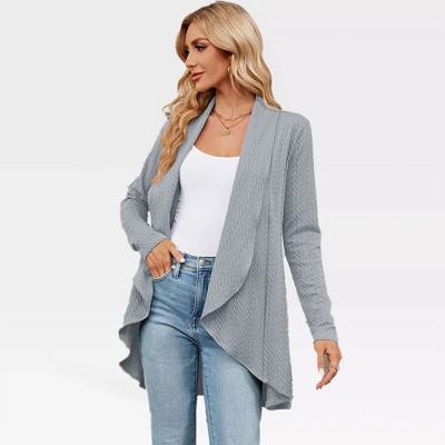 Women's Lightweight Knit Cardigan with Open Front Long Sleeve and Textured Flowy Design and Lapel Neckline