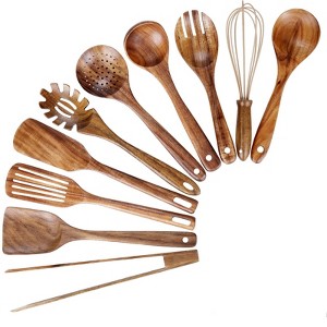 Itopfox 10-Piece Wooden Kitchen Utensil Set - Teak Wood Spoons, Spatulas, Ladle for Non-Stick Cookware, Cooking Tools with Hanging Holes - 1 of 4