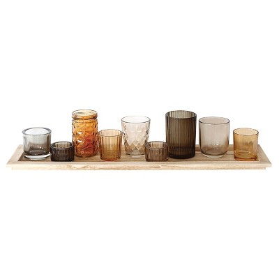 Wood Tray with 9 Glass Votive Holders - 3R Studios