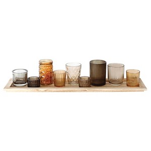 Wood Tray with 9 Glass Votive Holders - Storied Home - 1 of 3