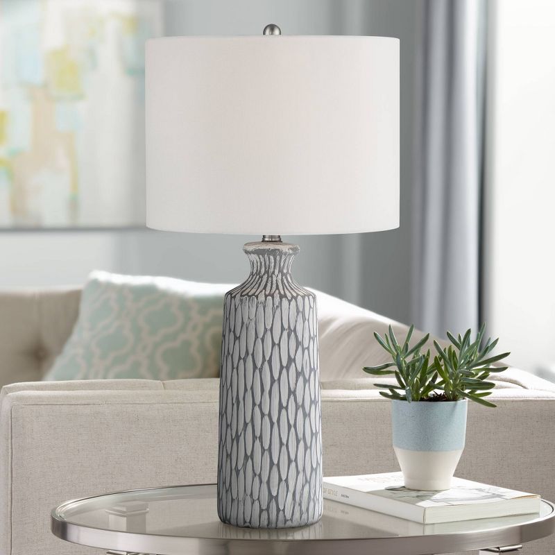 360 Lighting Patrick Modern Coastal Table Lamp 26 1/4" High Gray White Wash Geometric Ceramic Drum Fabric Shade for Bedroom Living Room Bedside Office, 2 of 9