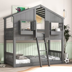 NicBex Twin over Twin Bunk Bed House Shape Wooden Bed Frame with Windows, Inclined Ladder and Full Length Guardrail, No Box Spring Required - 1 of 4