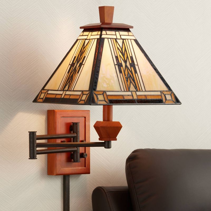 Robert Louis Tiffany Rustic Swing Arm Wall Lamp Walnut Wood Bronze Plug-in Light Fixture Adjustable Stained Glass Shade for Bedroom Bedside Reading, 2 of 9