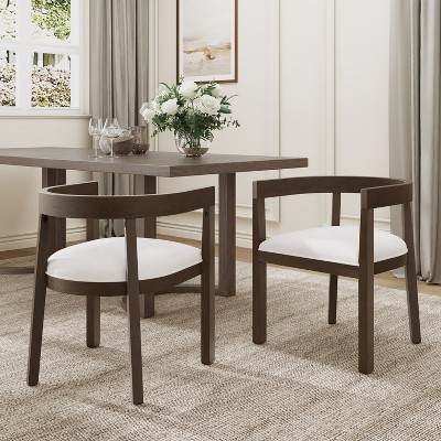 Beige Upholstered Wood Dining Chairs with Open-Back Design, Set of 2