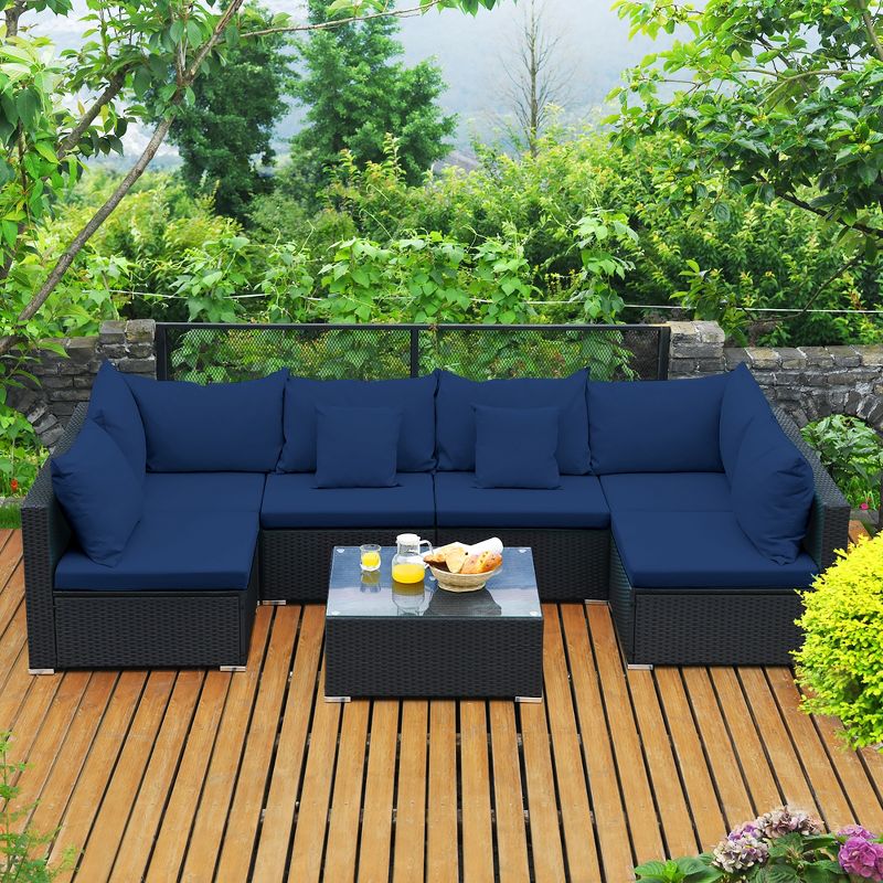 Costway 7PCS Patio Rattan Sofa Set Sectional Conversation Furniture Set Garden Beige\ Navy\Red\Navy Blue, 3 of 10
