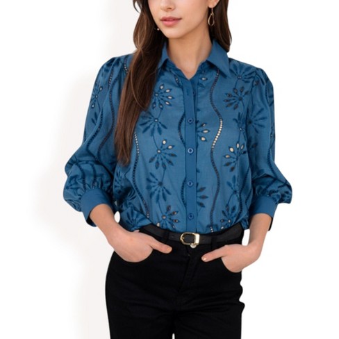 Anna-Kaci Women's Embroidered Eyelet Long Sleeve Button-Up Blouse - image 1 of 4