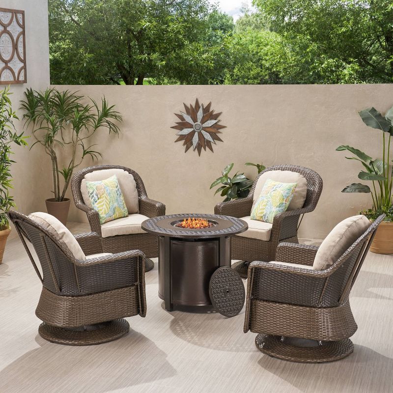 Liam 5pc Outdoor Set with 4 Wicker Swivel Chairs &#38; Fire Pit - Brown/Gray/Hammered Bronze - Christopher Knight Home, 3 of 8