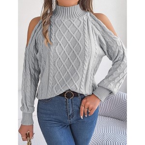 Womens Cold Shoulder Turtleneck Sweaters 2024 Fall Long Sleeve Soft Cable Knit Pullovers Sexy Jumper Tops - 1 of 4