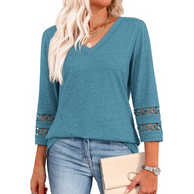 Women 3/4 Sleeve Tops Casual Tunic Tops Basic T Shirts 2025 Trendy V Neck Tees Trendy Dressy Tops
