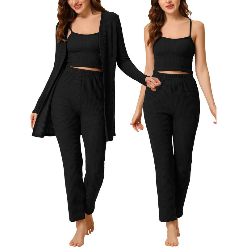 cheibear Women's 3pcs Knit Lounge Sleepwear Pants Shrug Cardigan  Pajama Set, 1 of 6