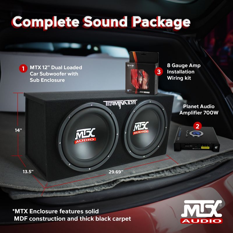 MTX TNE212D 12" 1200W Dual Loaded Car Subwoofers + Box + Planet 1500W Amp + Kit, 3 of 7
