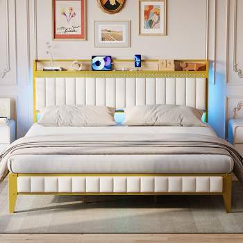 Whizmax Bed Frame with Charging Station, LED Bed Frame with Storage Headboard, Upholstered Platform Bed Frame, No Box Spring Needed, Gold