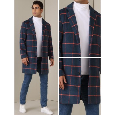 Lars Amadeus Men's Color Block Single Breasted Formal Winter Plaid Coat Navy Red Medium — фото 4