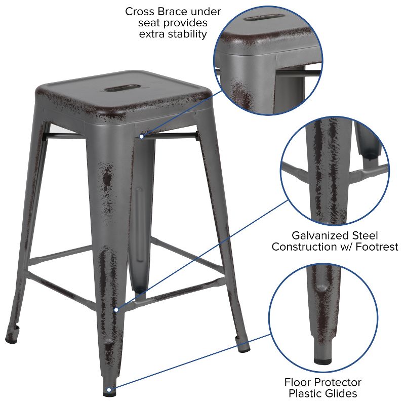 Flash Furniture Commercial Grade 24" High Backless Distressed Metal Indoor-Outdoor Counter Height Stool, 4 of 22