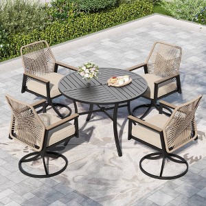 Captiva Designs 5pc Patio Slat-top Round Metal Dining Table and Thick Cushion Swivel Wicker Chairs - 1 of 4