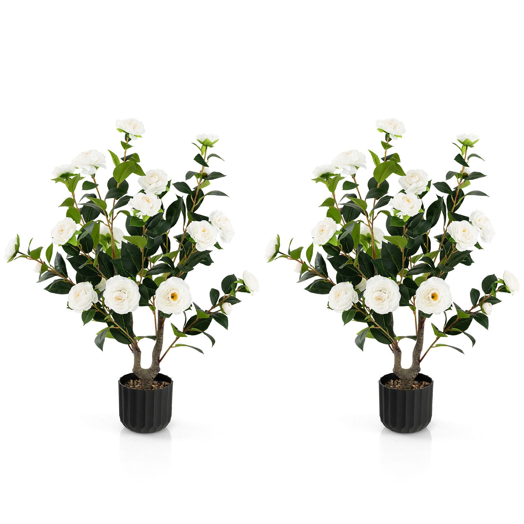 Costway 2-Pack 38" Artificial Camellia Tree Faux Floral Plant for Decoration White