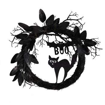Nearly Natural 22” Halloween Black Cat and Bat Boo Twig Wreath