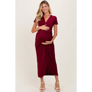 Pinkblush Burgundy Gathered Front Short Sleeve Maternity Maxi Dress - 1 of 3