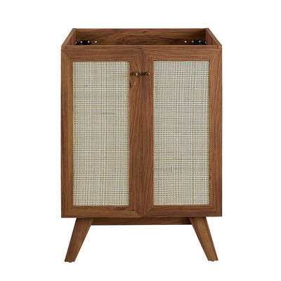 Walnut Freestanding Bathroom Vanity Cabinet with Rattan Weave Doors