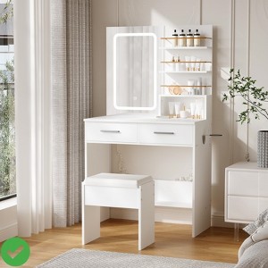 Vanity Desk Set w/ Mirror and Lights Makeup Vanity w/ 2 Drawers & Open Storage Shelves - 1 of 4