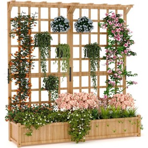 2-Tier Wood Planter Box w/Trellis & Roof - 1.4ft Deep Raised Garden Bed for Climbing Plants, Veggies & Flowers - Outdoor Use w/8 Drainage Holes - 1 of 4