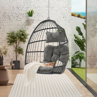 Okak Outdoor Rattan Egg Swing Chair with Cushion,Patio Wicker Hanging Chair,Woven Hammock Swing Chair for Patio,360LBS Capacity