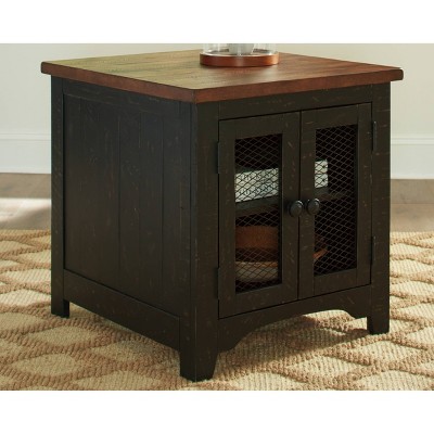 Valebeck Vintage Black and Brown Rectangular End Table with Interior Shelves