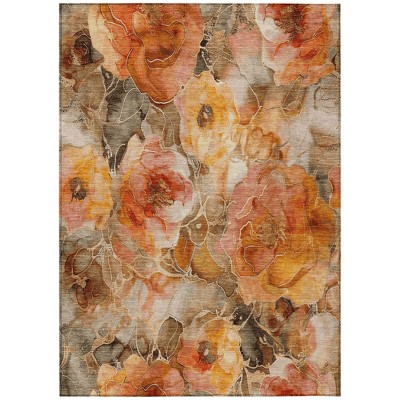 Orange And Gray Floral Washable Indoor Outdoor Area Rug
