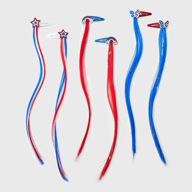 Girls&#39; 6pk Faux Hair Clips - Cat &#38; Jack&#8482; Red/White/Blue, 1 of 5