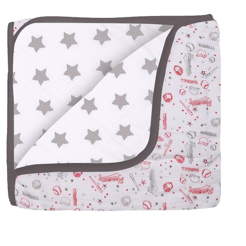 Bacati - Boys Baseball Muslin Red Gray 10 pc Crib Bedding Set with 4 Swaddling Blankets, 2 of 8