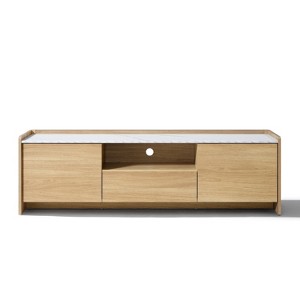 LuxenHome Hazel Oak 62.4” Wide TV Media Console with 2 Doors & Open Storage, Faux Marble Top, Manufactured Wood Brown - 1 of 4